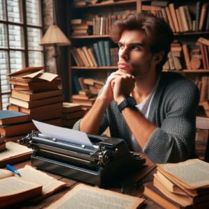 Image d'un jeune auteur devant sa machine à écrire se demander comment écrire un dialogue convainquant