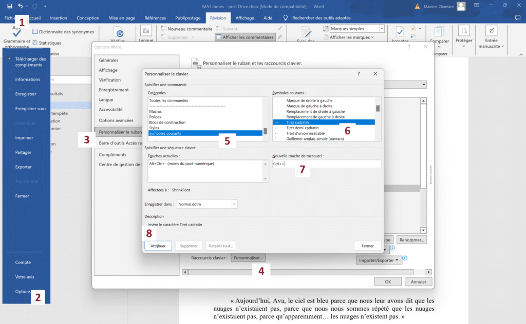 screenshot de la procédure pour changer un raccourcis sur word